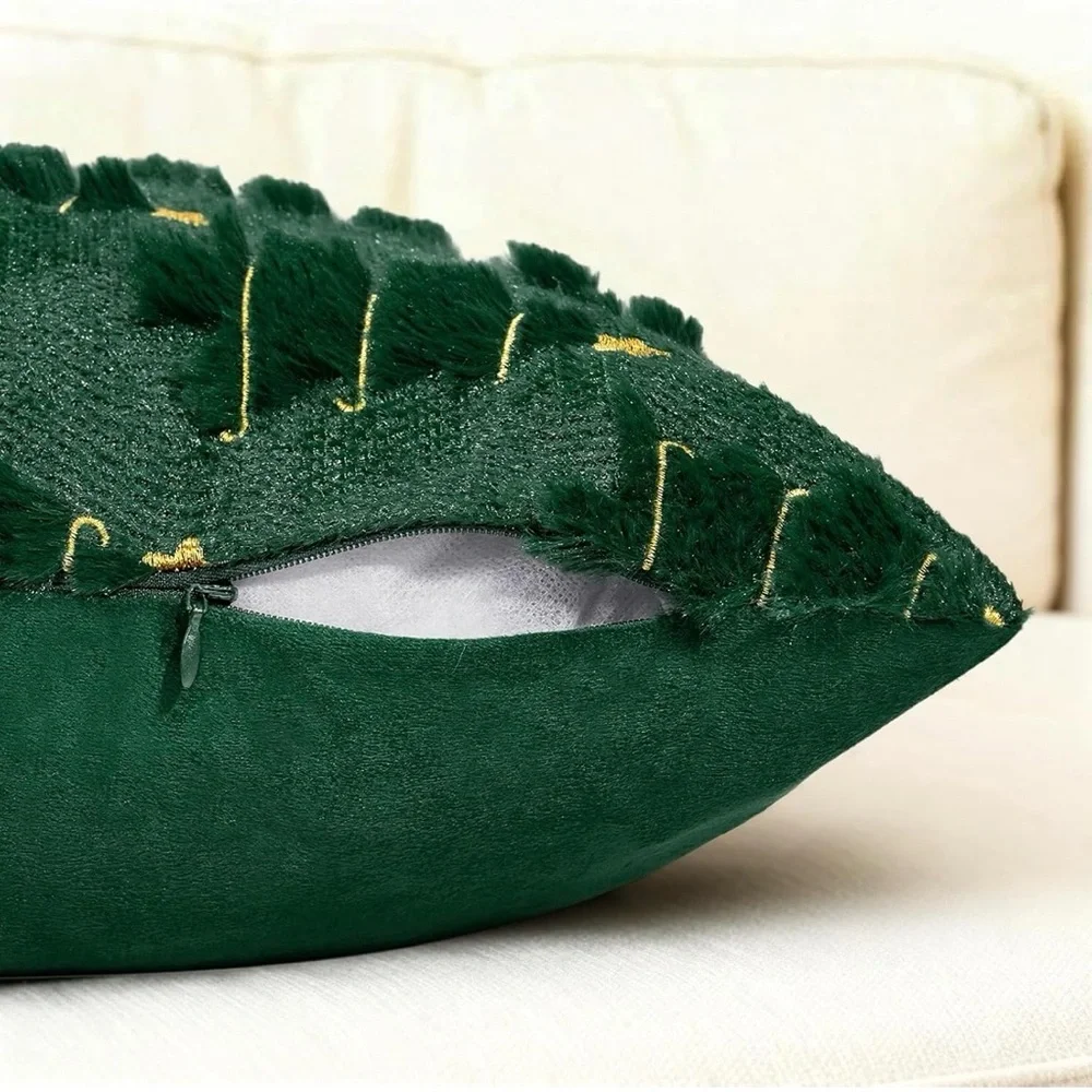 NEW Set of 2 Dark Green & Gold Christmas Tree Pillow Covers w/ Zipper - 18”x18”